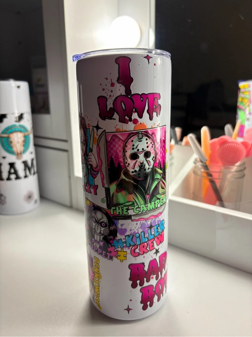 White and Pink Horror Camper Stainless Tumbler